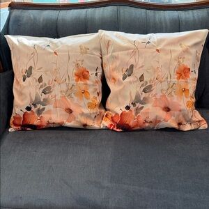 New Floral Pillow Covers Orange, Gray, Dragonflies Invisible zippers 18”x18”